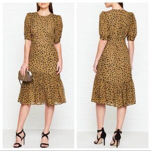 L.K. Bennett tan black leopard animal print Alexa silk short sleeve midi dress